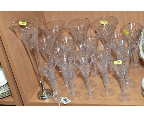 A PART SUITE OF CUT GLASSES, trumpet shaped with double twist stems, of four various sizes (17), together with a single glass