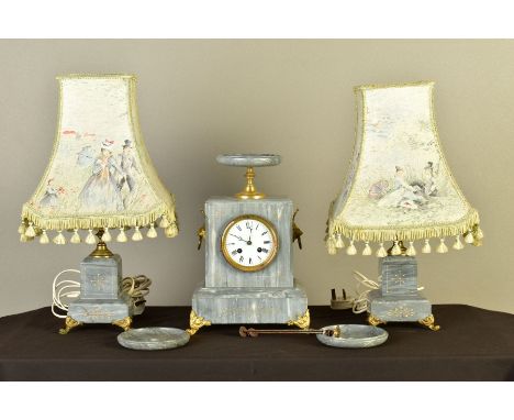 A LATE 19TH CENTURY GREY MARBLE AND GILT METAL FRENCH CLOCK GARNITURE, the clock with shallow urn finial, lion mask ring hand