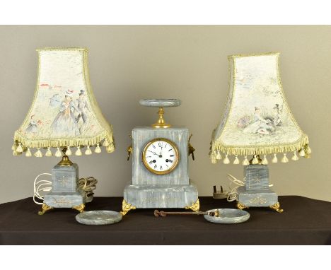 A LATE 19TH CENTURY GREY MARBLE AND GILT METAL FRENCH CLOCK GARNITURE, the clock with shallow urn finial, lion mask ring hand