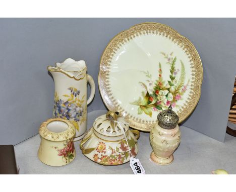 FIVE PIECES OF ROYAL WORCESTER, LOCKE &amp; CO WORCESTER PORELAIN, in blush ivory and ivory grounds, printed and tinted with 