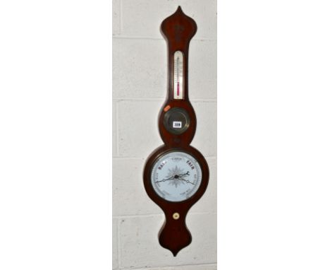 A VICTORIAN MAHOGANY AND PAINTED WHEEL BAROMETER, the silver painted decoration to front edge of case and with crane and reed
