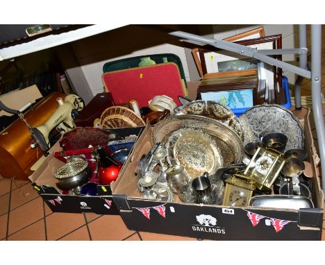 FOUR BOXES AND LOOSE METALWARES, SUNDRIES, PICTURES ETC, to include a Union sewing machine, soda syphon, clocks, lighters, a 