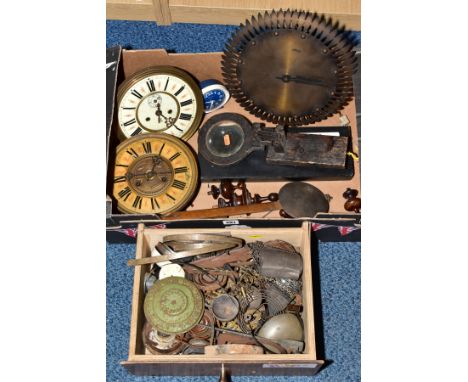 A BOX AND DRAWER OF CLOCK PARTS, etc, including a metal sunburst electric clock, a Westclock 'Baby Ben' alarm clock, clock fi