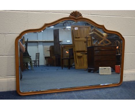 A MODERN MAHOGANY BEVELLED EDGE OVERMANTEL MIRROR, 127cm x 89cm