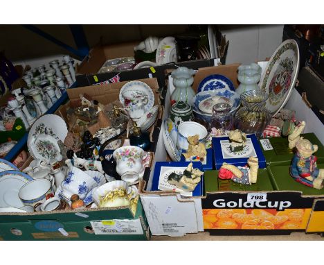 THREE BOXES OF CERAMICS AND GLASS ETC, to include Peter Fagan teddy bear ornaments, Royal Albert cups and saucers, Royal Brie