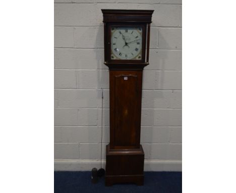 A GEORGE IV OAK 30 HOUR LONGCASE CLOCK, with a plain hood with twin cylindrical pillars, the glazed door enclosing a painted 