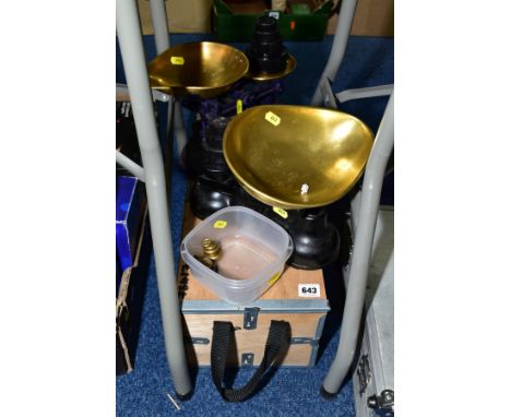 TWO SETS OF SCALES, one 'The Salter Staffordshire', with various weights and a rectangular crate