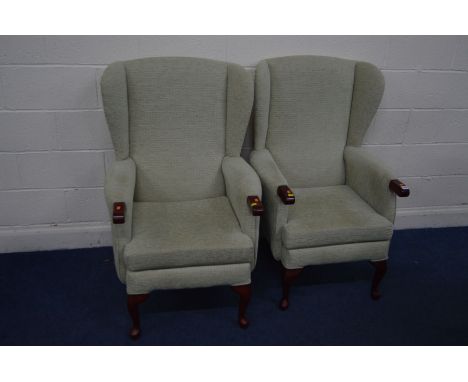 A PAIR OF MODERN HSL LIGHT GREEN UPHOLSTERED WINGBACK ARMCHAIRS, inner width 50cm