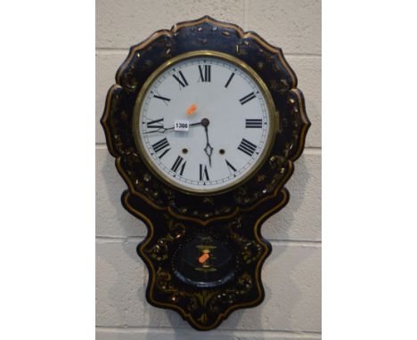 A 19TH CENTURY AND LATER PAPIER MACHE AND MOTHER OF PEARL DROP DIAL WALL CLOCK, with a later enamel 10 1/2' dial, height 72cm
