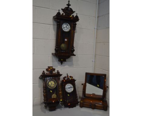 A LATE VICTORIAN WALNUT VIENNA WALL CLOCK, height 96cm, another Vienna wall clock and a modern wall clock, together with a Vi