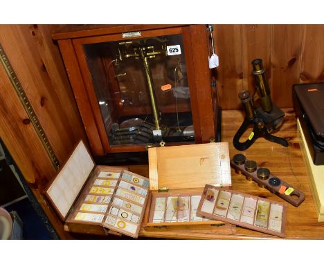 TWO CASES OF MICROSCOPE SLIDES, A HENRY CROUCH BRASS AND BLACK LACQUERED MICROSCOPE, (no case) etc, including a cased set of 