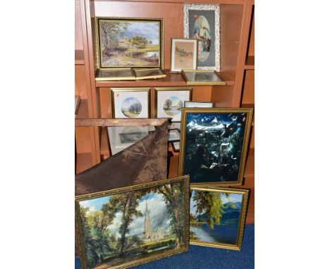 A BOX OF ASSORTED PAINTINGS AND PRINTS, including a pair of hand tinted etchings by Claude R Rowbotham of 'The Estuary of the