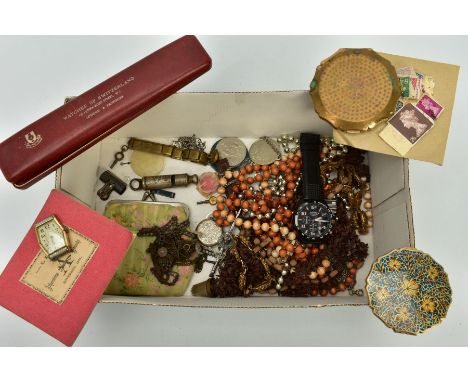 A BOX OF MISCELLANEOUS ITEMS, to include items such as a marcasite brooch in the form of a swallow bird, a gents black 'Lorus