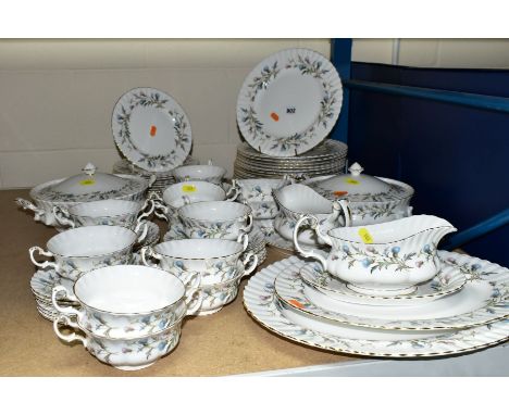 A ROYAL ALBERT 'BRIGADOON' PATTERN DINNER SERVICE, comprising two oval meat plates, two sauce boats on stands, two coloured t