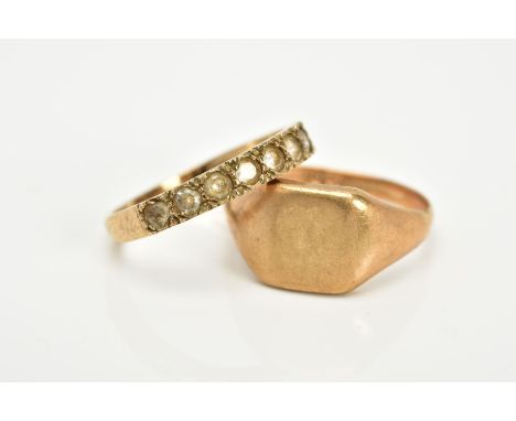 TWO 9CT GOLD RINGS, the first of a gents plain polished square signet ring, hallmarked 9ct gold Birmingham, ring size N, toge