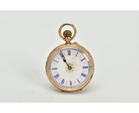 A LADIES OPEN FACED POCKET WATCH, white and blue enamel dial, Roman numerals, within a foliate engraved case with a vacant ca