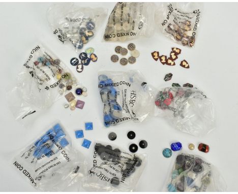 A BOX OF LOOSE BUTTONS, CAMEOS AND BEADS, to include oval and square cut star cabochon glass panels, micro mosaic circular pa