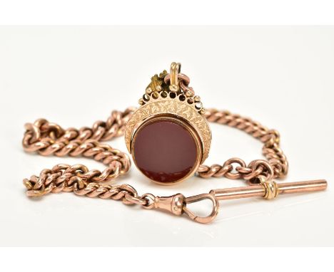 A 9CT GOLD ALBERT CHAIN WITH SWIVEL FOB, the fob of circular design, swivels to reveal bloodstone and carnelian panels, withi