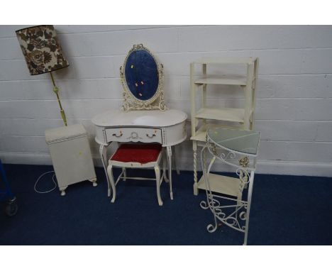 A WHITE PAINTED KIDNEY DRESSING TABLE with a swing mirror (sd), similar stool, a wicker linen basket, white painted barley tw