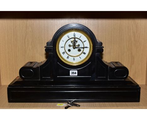 A LATE 19TH CENTURY BLACK SLATE MANTEL CLOCK OF DOMED FORM, the white enamel dial (s.d) with Roman numerals and Brocot escape