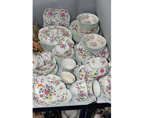 AN OLD FOLEY 'CHINESE ROSE' PATTERN DINNER SERVICE, varying amounts, nine cups, fifteen saucers, six tea plates, small tea po