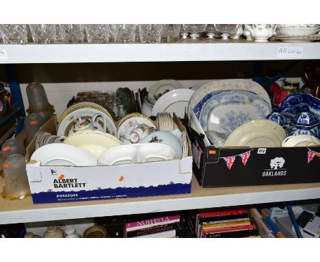 FIVE BOXES OF CERAMICS AND GLASSWARE AND EIGHT GLASS LIGHT SHADES, the boxes to include Victorian and later blue and white pr
