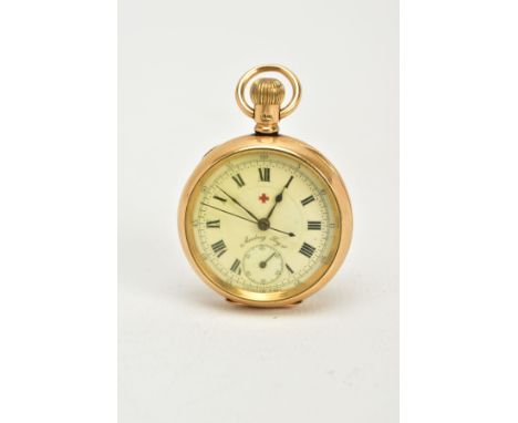 AN 18CT GOLD RED CROSS OPEN FACED POCKET WATCH, white enamel dial signed 'Audrey Reg', Roman numerals, seconds subsidiary dia