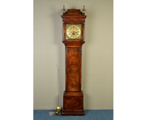 JOHN KNIBB OF OXFORD, an early 18th Century eight day walnut long case clock, the hood with two flaming urn finials to the ca