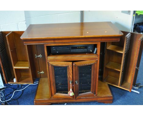 A CHERRYWOOD HI FI CABINET CONTAINING A COMPONENT HIFI, including a Cambridge Audio A4 Integrated Amplifier, a Kenwood KXF-W1