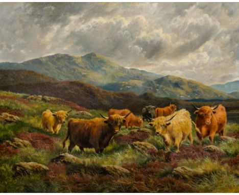 SCOTTISH SCHOOL (19th/20th century)Highland Cattle in a Highland LandscapeOil on canvas62 x 49 cm, framed   CONDITION REPORTS