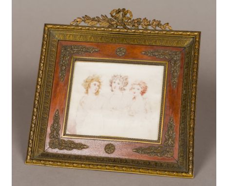 A 19th century French miniature portrait group on ivoryDepicting three young women, one blonde, one brunette, one a red head,