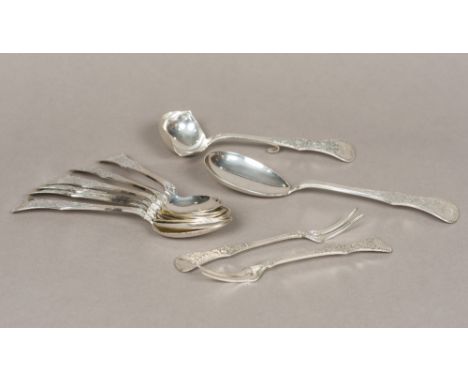 A set of six Norwegian silver spoons, with 830 purity markThe shaped handles with floral decoration and monogrammed; together