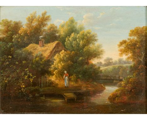 ENGLISH SCHOOL (19th century) Figures Before Thatched Cottages in Rural LandscapesOils on boardOne indistinctly inscribed to 