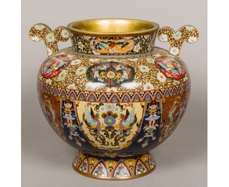 A Chinese cloisonne jardiniereOf flared bulbous form with twin scroll handles, decorated with vignettes of various mythical b