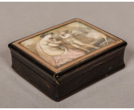 A 19th century unmarked gold mounted tortoiseshell snuff boxThe hinged cover inset with a watercolour depicting cupid and pos