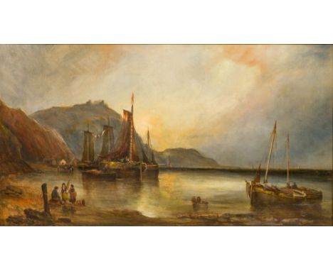 ENGLISH SCHOOL (19th century)Coastal Scene With Fisherfolk and ShippingOil on canvas90 x 49 cm, framed   CONDITION REPORTS:  