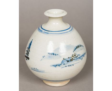 A Bernard Leach St Ives pottery baluster vaseBlue decorated with Japanese pagodas, impressed mark for Leach Pottery St Ives a