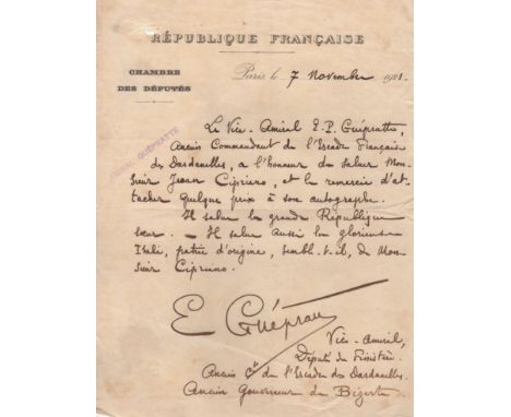 FRENCH NAVY: Small selection of two A.Ls.S. and a signed card by various French Admirals, each of whom served in World War I,
