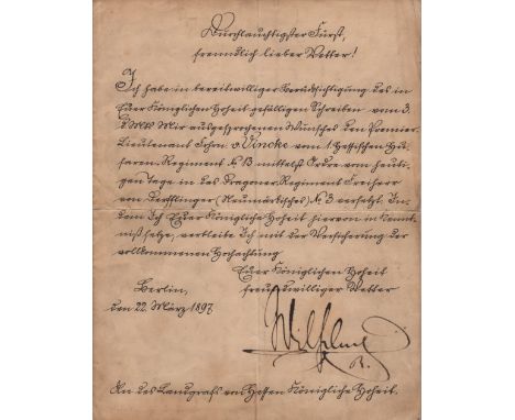  WILHELM II: (1859-1941) German Emperor and King of Prussia 1888-1918 during World War I. L.S., Wilhelm R, one page, 4to, Ber