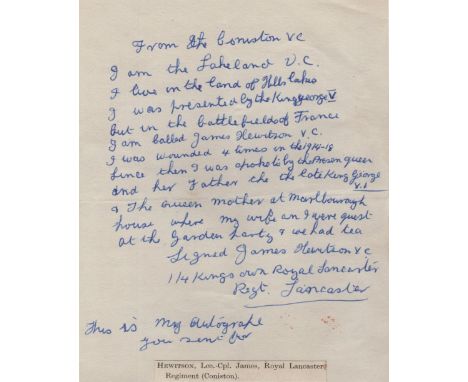  HEWITSON JAMES: (1892-1963) English Corporal with the British Army, Victoria Cross winner for his actions whilst a Lance Cor