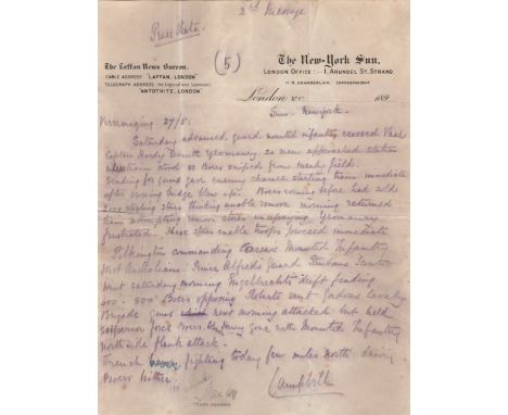  SECOND BOER WAR: A Manuscript D.S. by Campbell, a war correspondent working with The Laffan News Bureau of London on behalf 