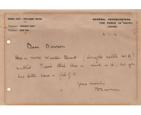  LAWRENCE T. E.: (1888-1935) British Military officer, archaeologist, diplomat and writer known as Lawrence of Arabia. Lawren