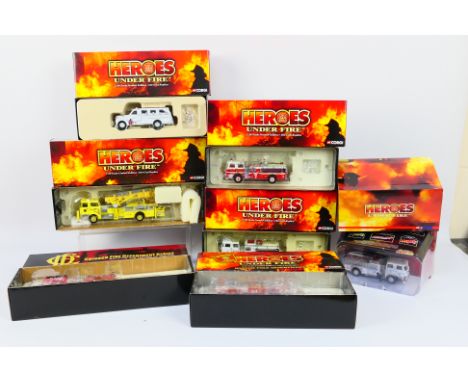 Corgi - Heroes Under Fire - 7 boxed 1:50 scale model fire engines, to include Mack CF Tower Ladder Cherry Hill NJ # US53805; 