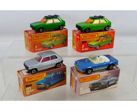 Matchbox - Superfast - 4 x boxed models, Mercedes SL # 6, 2 x Volkswagen Golf # 7 and a Renault 5TL # 21. The cars appear Nea
