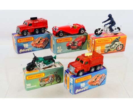 Matchbox - Superfast - A group of boxed vehicles including 2 x Rola-Matics Badger # 16, Hondorora Motorcycle # 18, Jaguar SS1