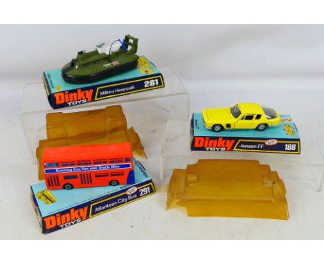 Dinky - 3 diecast vehicles to include #188 Jensen FF, #291 Atlantean City Bus and #281 Military Hovercraft. Item appear to be