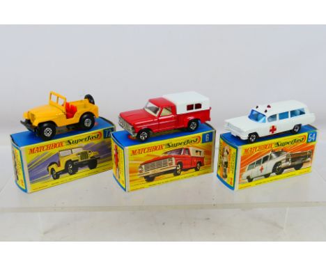 Matchbox - Superfast - 3 x boxed vehicles, Ford Pick-Up in red with turquoise base, chrome grill and solid narrow wheels # 6,