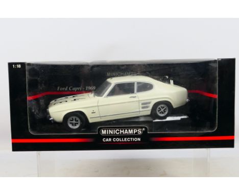 Minichamps - A boxed 1:18 scale Minichamps #150089090 1969 Ford Capri 'Autobahnpolizei Dusseldorf' Car. The model shows dusty