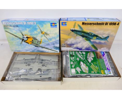 Trumpeter - Two boxed 1:32 scale model kits comprising Messerschmitt Bf 109K-4 02299 and Messerschmitt Bf 109E-3 02288. Both 