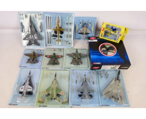 Ge Fabbri - Corgi - 10 1/100 blister packed planes to include F-16 Fighting Falcon, Spitfire, F-15 Eagle and others. Also a b